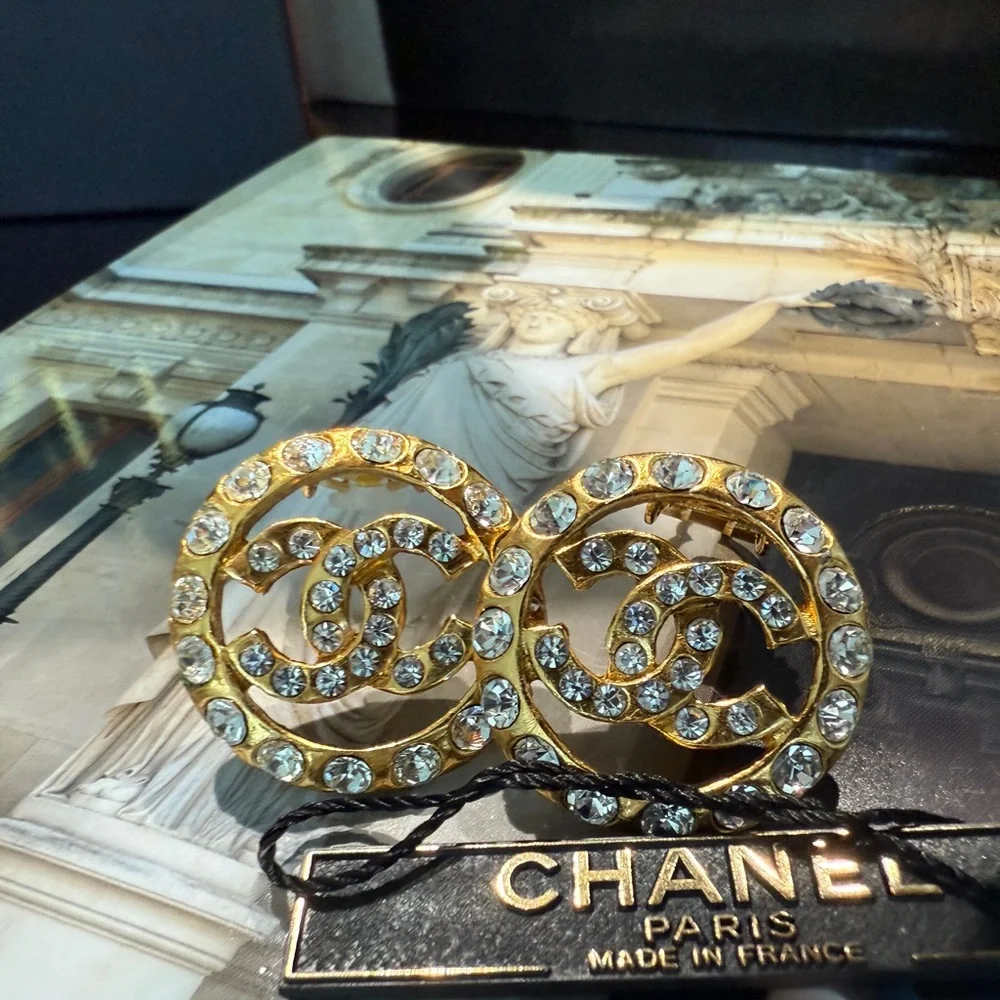 LOT 2018 24K gold plated CHANEL Gold and Crystal Logo Earrings